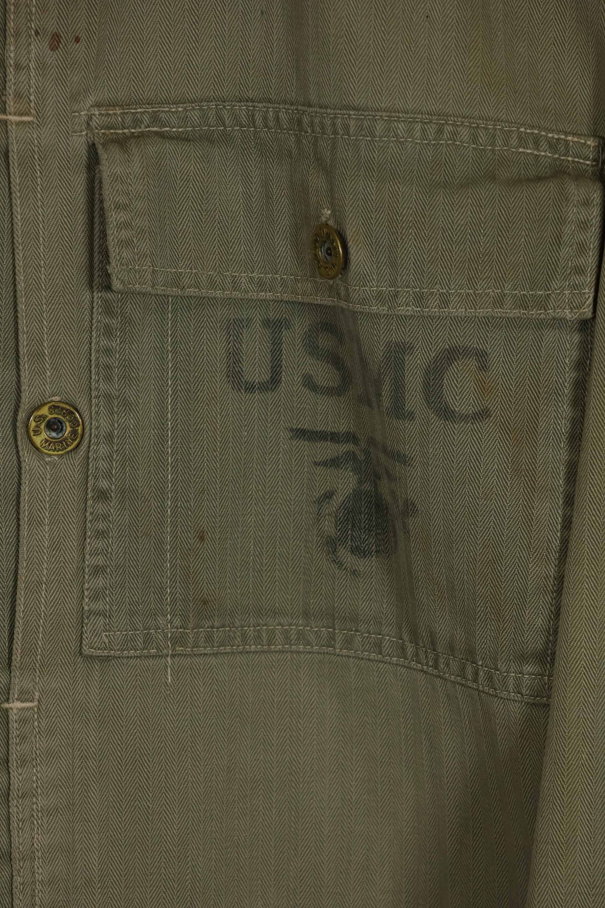 Real U.S. Marine Corps USMC P-44 HBT Utility Jacket, soiled, used.