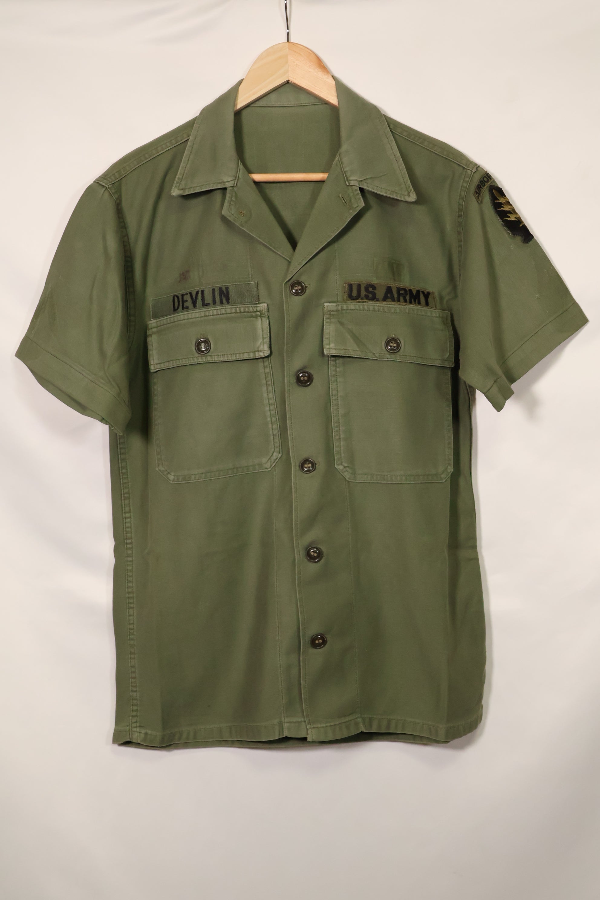 1960's Ex-Green Beret Soldier Release OG-107 Utility Shirt with First Attachment Patch, Used, C