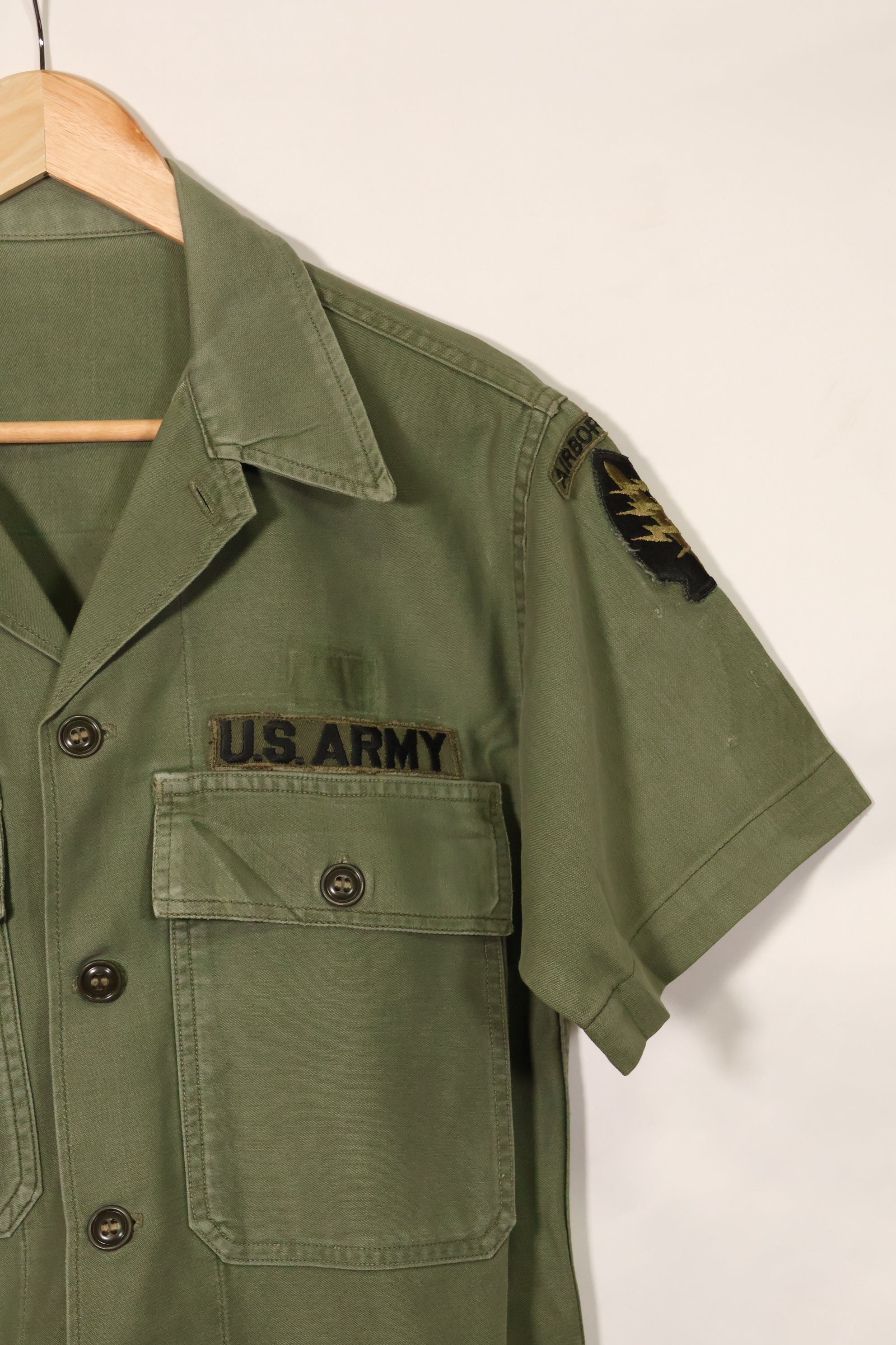 1960's Ex-Green Beret Soldier Release OG-107 Utility Shirt with First Attachment Patch, Used, C