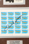 Framed photo and stamp autographed by Air Force Brigadier General Chuck Yeager, commemorating the 50th anniversary of breaking the sound barrier.