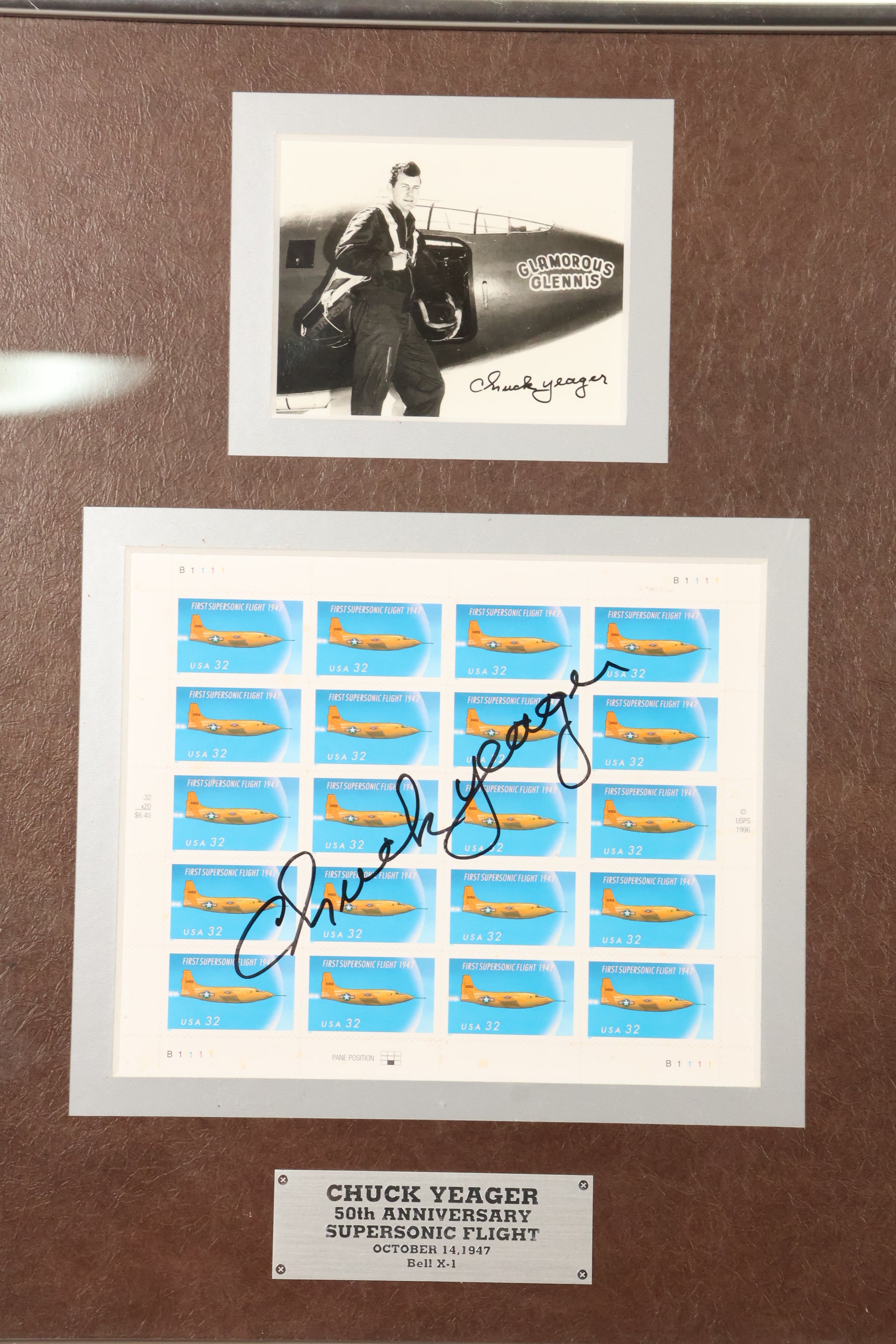 Framed photo and stamp autographed by Air Force Brigadier General Chuck Yeager, commemorating the 50th anniversary of breaking the sound barrier.