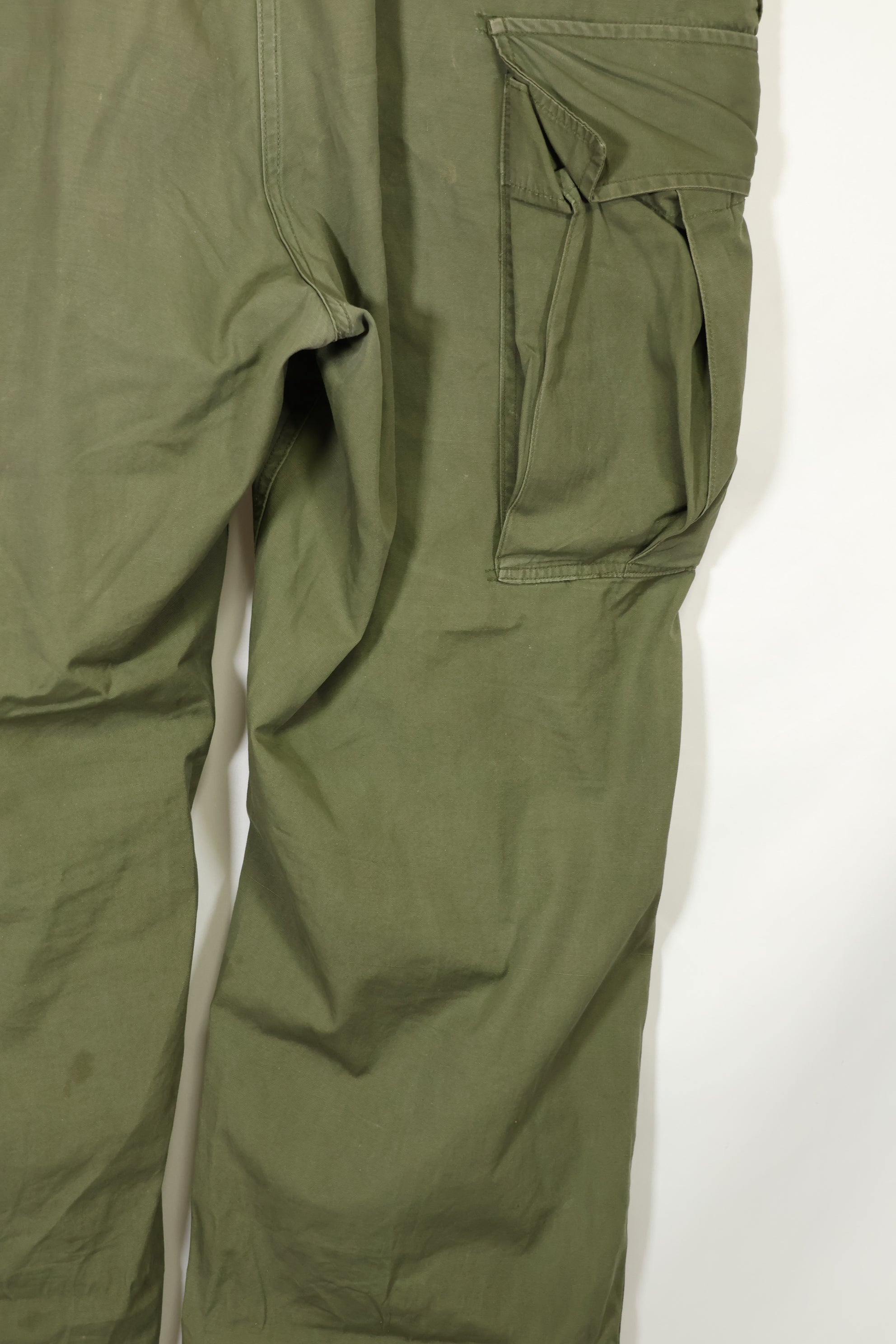 1964 Contract 1st Model Jungle Fatigue Pants, L-R, stained, repaired, used.