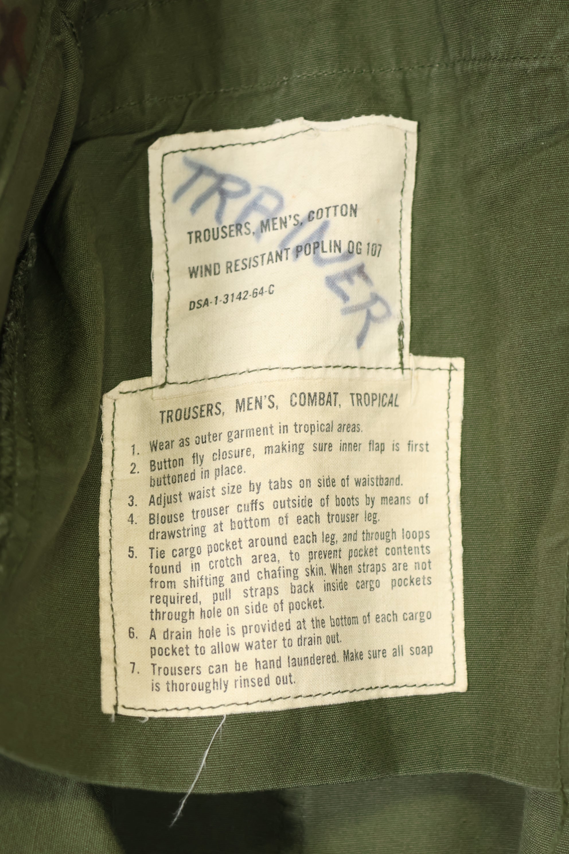 1964 Contract 1st Model Jungle Fatigue Pants, L-R, stained, repaired, used.