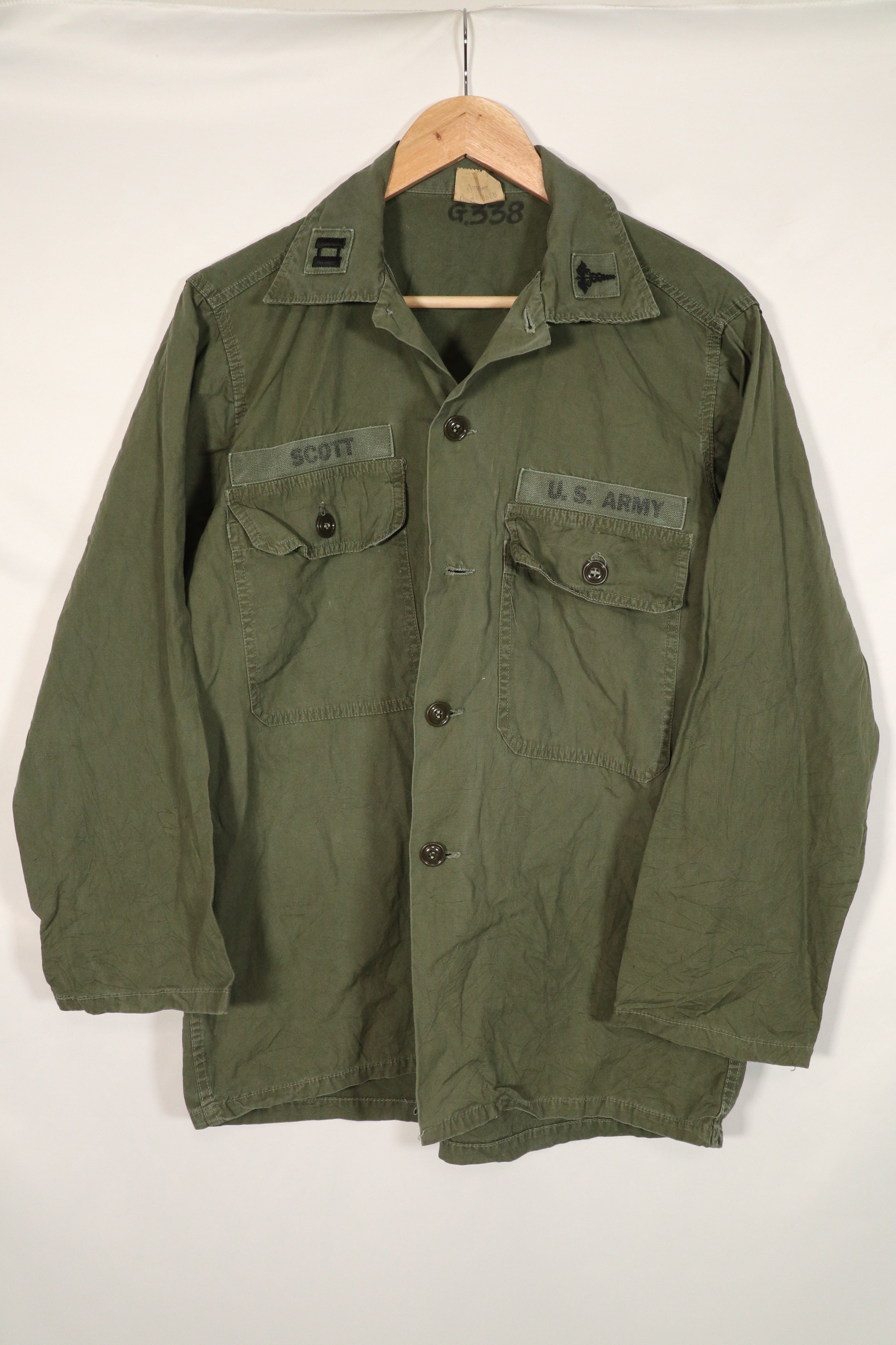 Real U.S. Army OG-107 PX utility shirt made by Poplin, used, patch retrofitted.