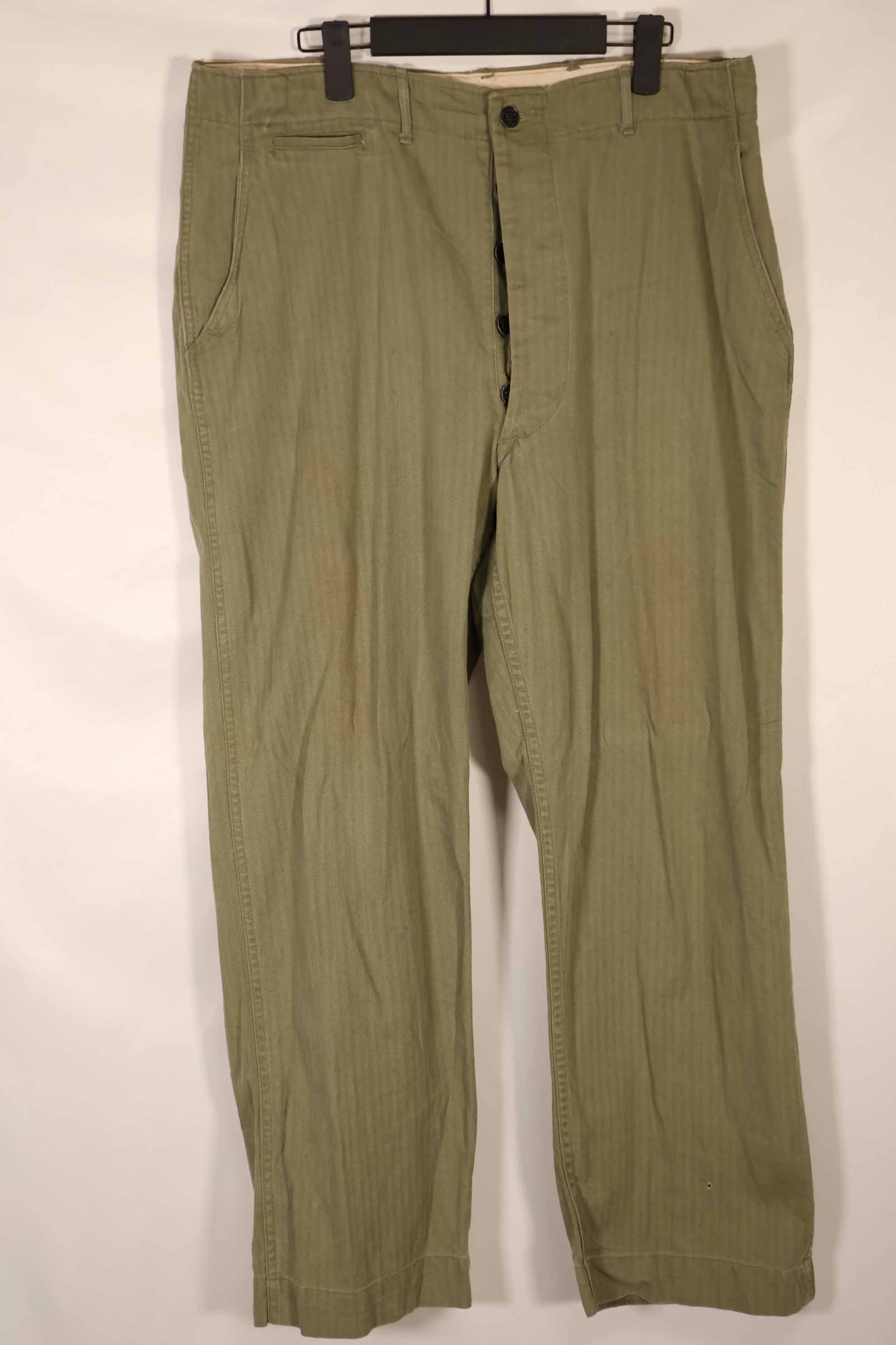 Real 1940s US Army HBT OD Utility Pants, used, large size.