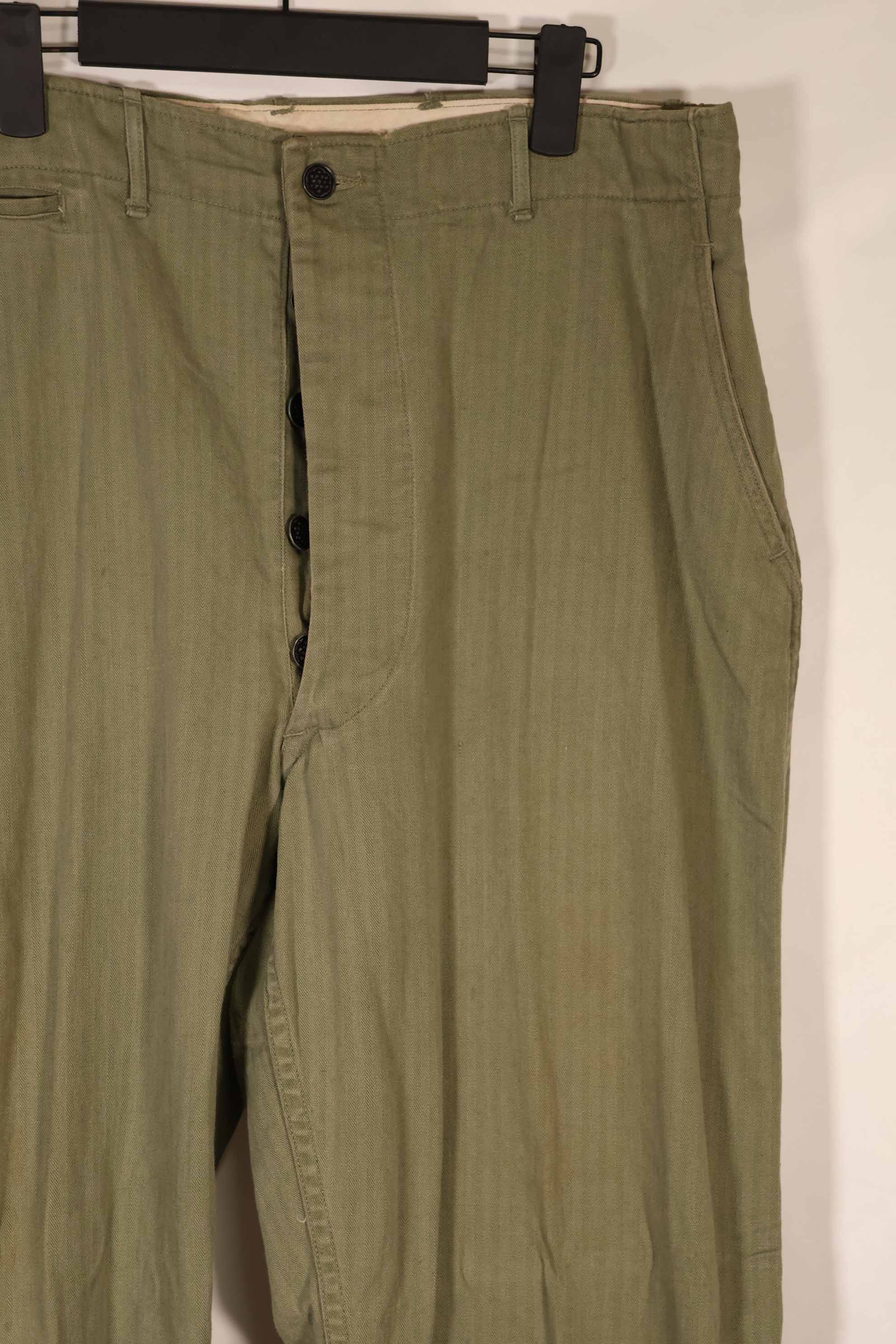 Real 1940s US Army HBT OD Utility Pants, used, large size.