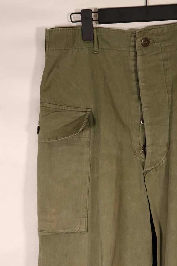 Real late 1940s-early 1950s M45 OD cotton field pants, used, strong signs of use B