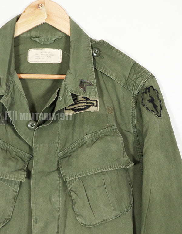 Real 2nd Model Jungle Fatigue Jacket, used, with patches and rank insignia.