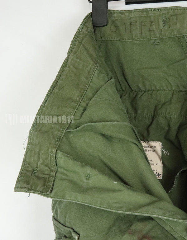 Original 2nd model Jungle Fatigue pants, non-ripstop, worn, scratched, faded. Scuffed, faded