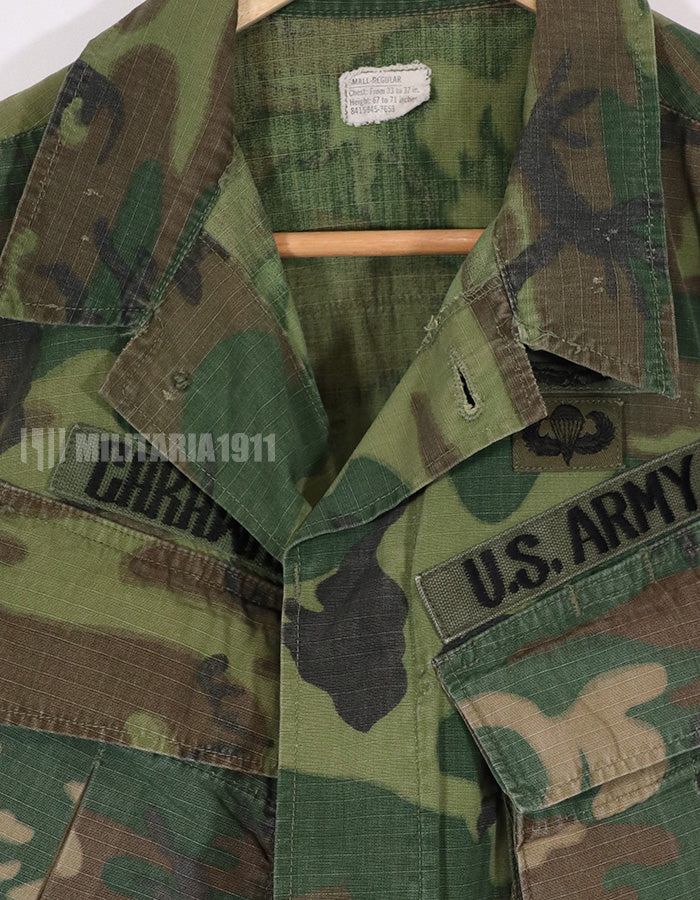 Real 1969 U.S. Army ERDL ripstop fabric camouflage jacket with patches (retrofitted)