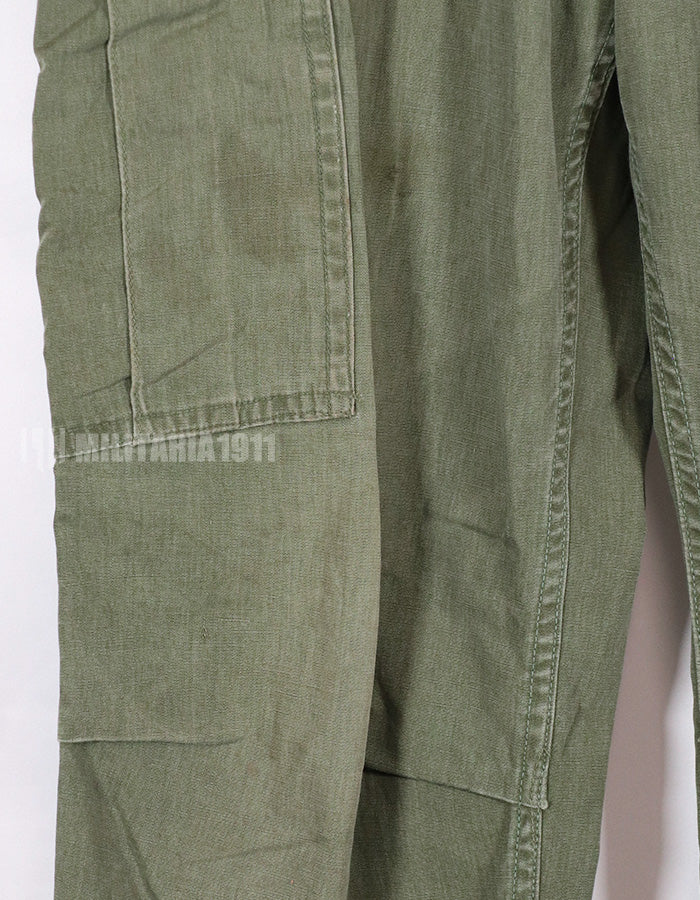 Real poplin fabric Jungle Fatigues pants, stained, used.